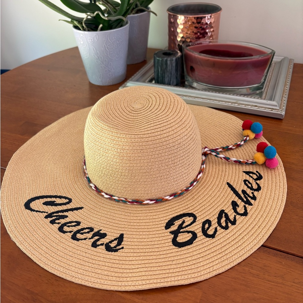 Beige Wide Brim Hat with Pom Poms